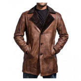 Manteau en cuir style trench à revers en fourrure sherpa marron vieilli pour homme